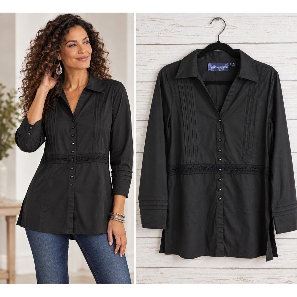 Susan Graver Pintuck Lace Trim Button Front Tunic Shirt Size Medium Black